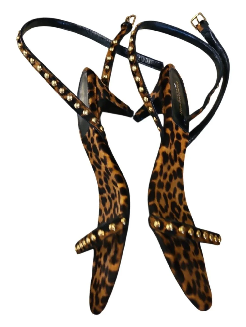 Saint Laurent SZ 8.5 Brown Calf Hair Studded 2.5" Kitten Heel Ankle Strap Sandal - Picture 4 of 11